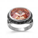 Antique Plus Size Bezel Set Oval Cut Champagne CZ Marcasite Ring Sterling Silver