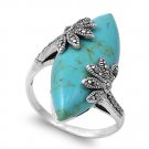 Antique Plus Size Marquise Cut Turquoise CZ with Flowers Marcasite Ring Sterling