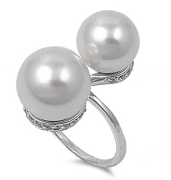 Silver Two Pearl Cubic Zirconia Fashion Ring Solid Sterling CLEAR