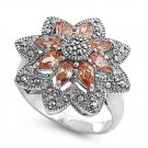 Antique Vintage Pear Cut Floral Design Champagne Cubic Zirconia Marcasite Ring S