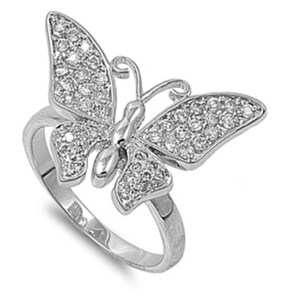 Silver Mariah Carey Inspired Pave CZ Butterfly Ring Solid Sterling CLEAR