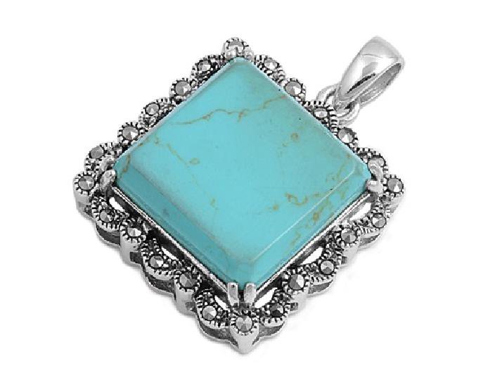 Raised Princess Cut Turquoise Cubic Zirconia Antique Pendant Sterling Silver