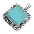 Raised Princess Cut Turquoise Cubic Zirconia Antique Pendant Sterling Silver