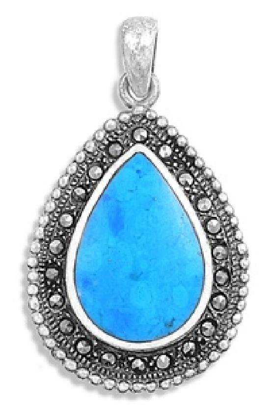 Pear Cut Turquoise Cubic Zirconia Antique Pendant Sterling Silver Antique Style