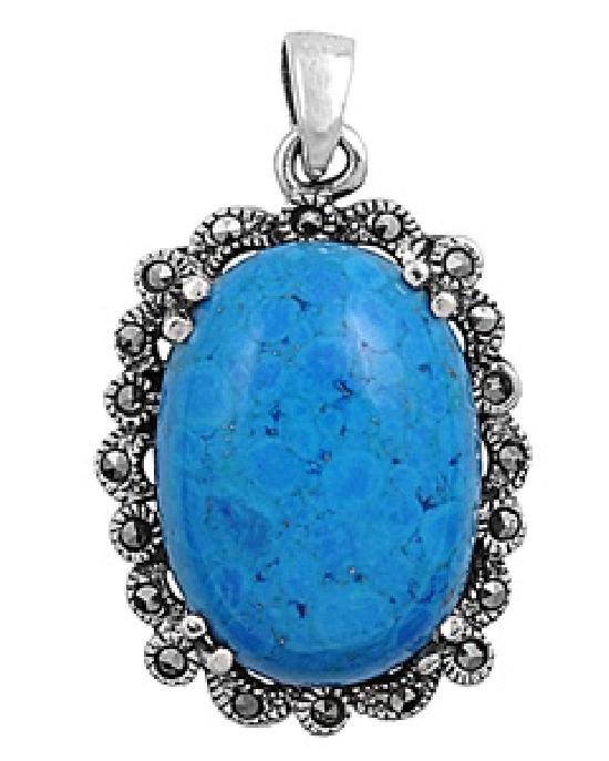 Oval Cut Turquoise CZ Antique Pendant Sterling Silver Antique Style TURQUOISE