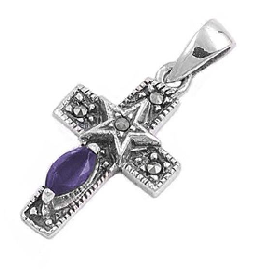 Cross Marquise Cut Amethyst CZ Antique Pendant Sterling Silver Antique Style