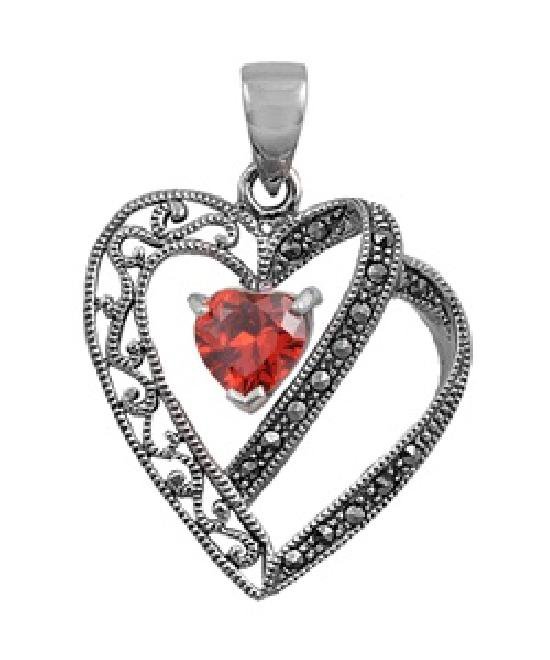 Heart Shape Ruby Cubic Zirconia Antique Pendant Sterling Silver Antique Style