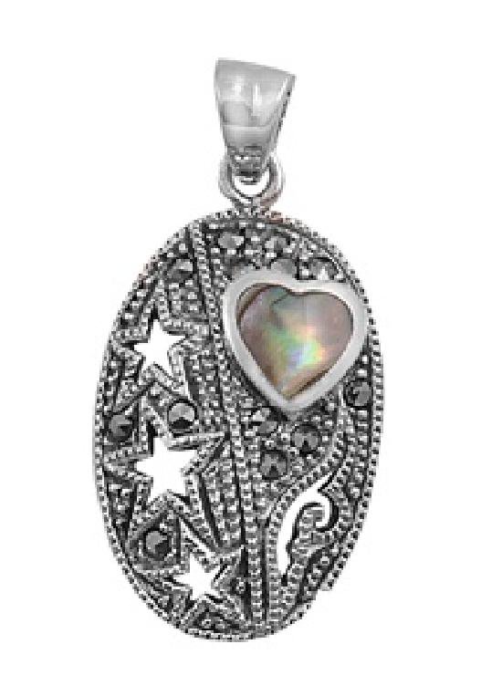 Heart Shape Abalone Cubic Zirconia Antique Pendant Sterling Silver Antique Style