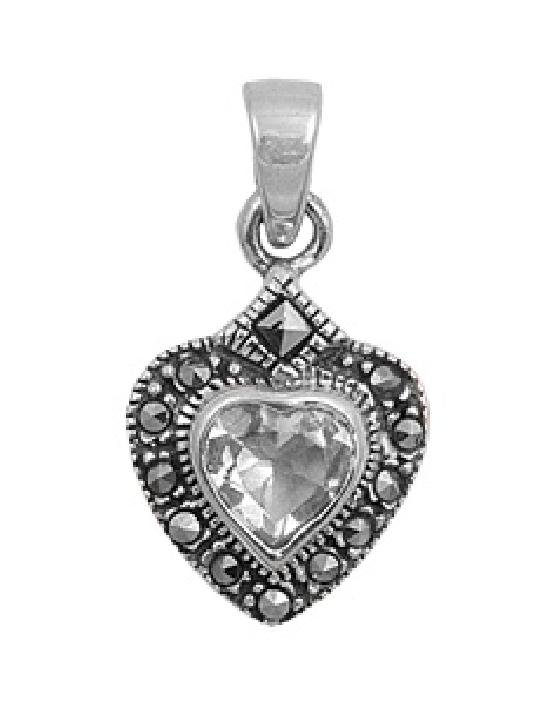 Heart Shape Cubic Zirconia Antique Pendant Sterling Silver Antique Style CLEAR