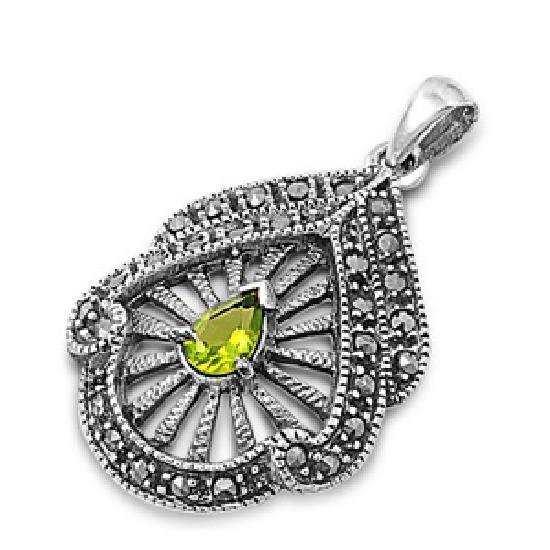 Pear Cut Peridot Cubic Zirconia Antique Pendant Sterling Silver Antique Style PE