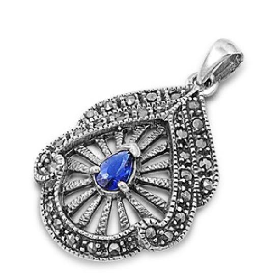 Pear Cut Blue Sapphire Cubic Zirconia Antique Pendant Sterling Silver Antique St