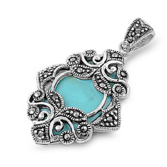 Oval Cut Turquoise Cubic Zirconia Antique Pendant Sterling Silver Antique Style