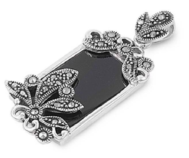 Emerald Cut Black Onyx CZ Antique Pendant Sterling Silver Antique Style BLACK ON