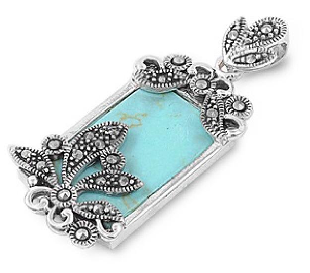 Emerald Cut Turquoise CZ Antique Pendant Sterling Silver Antique Style TURQUOISE