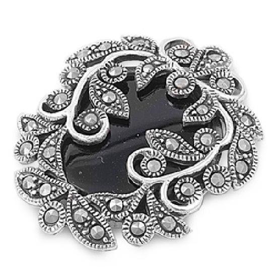 Brilliant Cut Black Onyx Cubic Zirconia Antique Pendant Sterling Silver Antique