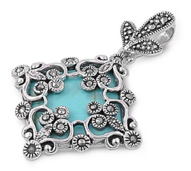 Princess Cut Turquoise CZ Antique Pendant Sterling Silver Antique Style TURQUOIS