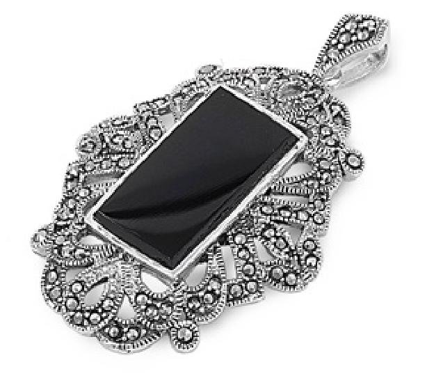 Emerald Cut Black Onyx Cubic Zirconia Antique Pendant Sterling Silver Antique St