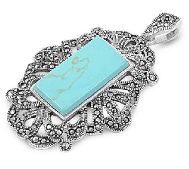 Emerald Cut Turquoise Cubic Zirconia Antique Pendant Sterling Silver Antique Sty