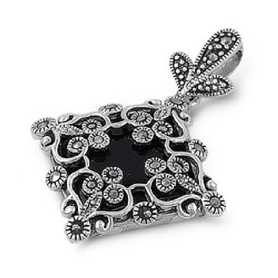 Princess Cut Black Onyx Cubic Zirconia Antique Pendant Sterling Silver Antique S