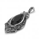 Marquise Cut Black Onyx CZ Antique Pendant Sterling Silver Antique Style BLACK O