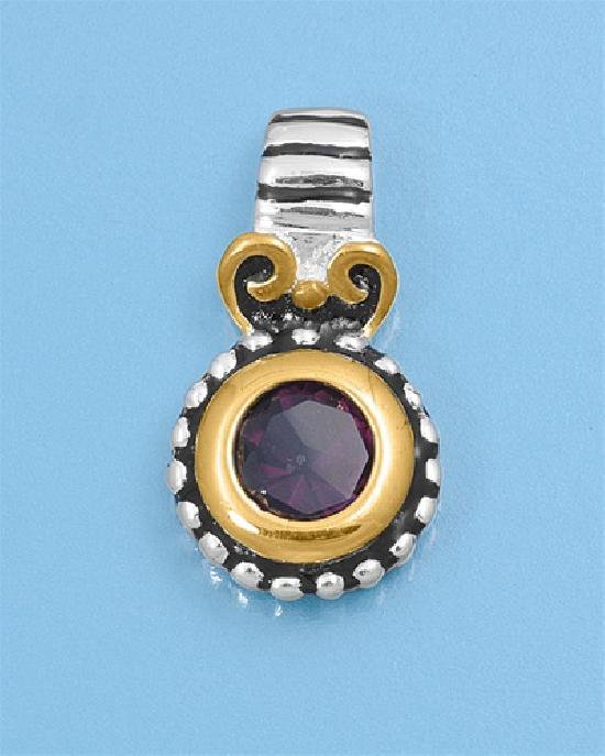 Two Tone Brilliant Cut Amethyst CZ Antique Pendant Sterling Silver Antique Style