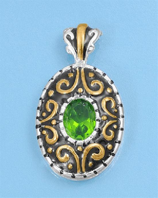 Two Tone Oval Cut Peridot Cubic Zirconia Antique Pendant Sterling Silver Antique