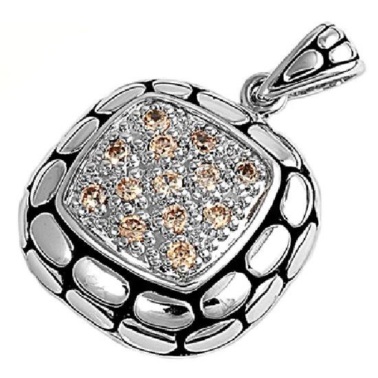Pave Cushion Cut Champagne CZ Antique Pendant Sterling Silver Antique Style CHAM