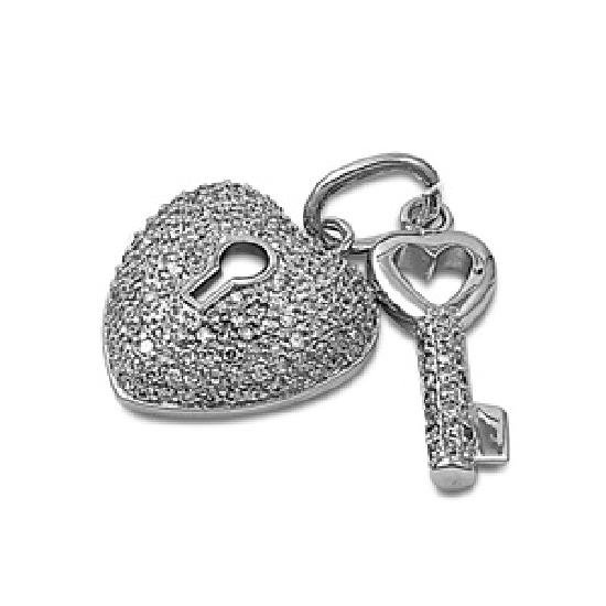 Vintage Lock and Key Pave Cubic Zirconia Heart Pendant Sterling Silver Antique S
