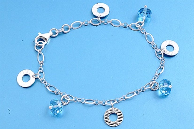 Silver Bracelet W/ Charms 925 Solid Sterling Silver Aquamarine Crystal  7 inches