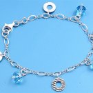 Silver Bracelet W/ Charms 925 Solid Sterling Silver Aquamarine Crystal  7 inches
