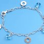 Silver Bracelet W/ Charms 925 Solid Sterling Silver Aquamarine Crystal 7 inches