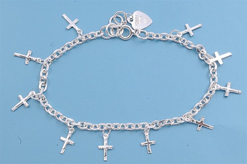 Silver Bracelet W/ Charms - Cross 925 Solid Sterling Silver   7.5 inches Inch