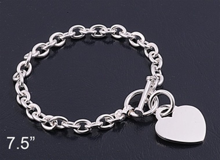Silver Bracelet W/ Heart 925 Solid Sterling Silver   7.5 inches Inch