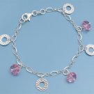 Silver Italian Bracelet W/ Charm 925 Solid Sterling Silver Pink Crystal  7 inche