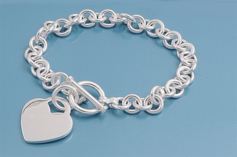 Silver Round Link Bracelet W/ Heart - 8 mm 925 Solid Sterling Silver    Inch