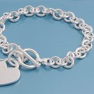 Silver Round Link Bracelet W/ Heart - 8 mm 925 Solid Sterling Silver    Inch