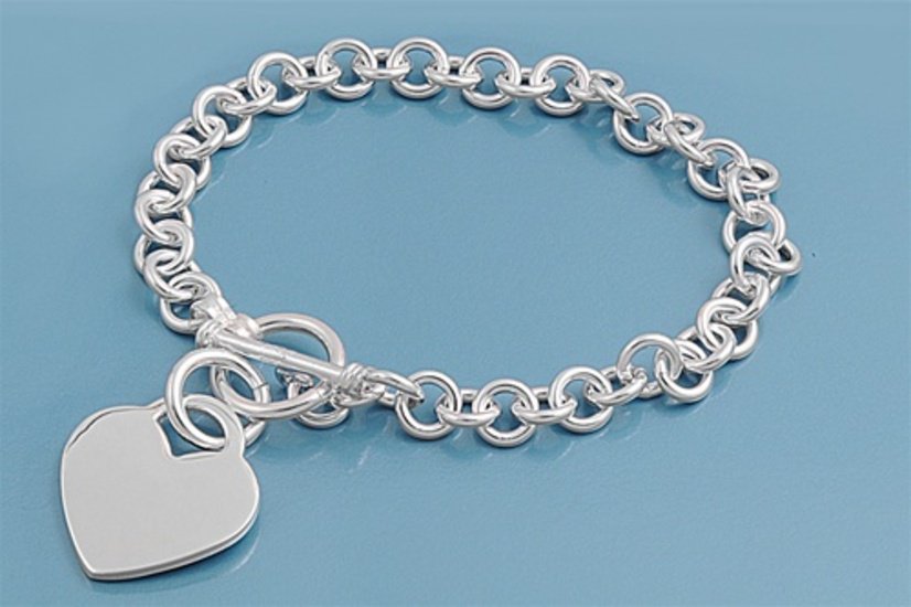 Silver Round Link Bracelet W/ Heart - 7 mm 925 Solid Sterling Silver    Inch