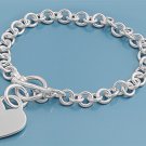 Silver Round Link Bracelet W/ Heart - 7 mm 925 Solid Sterling Silver    Inch