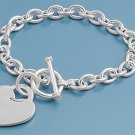 Silver Oval Link Bracelet W/ Heart - 7 X 9 Mm 925 Solid Sterling Silver    Inch