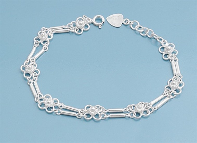 Silver Bracelet W/ Charms - Flower 925 Solid Sterling Silver   7"adjust to 8" In