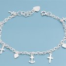 Silver Bracelet W/ Charms - Anchor, Cross, And Heart 925 Solid Sterling Silver