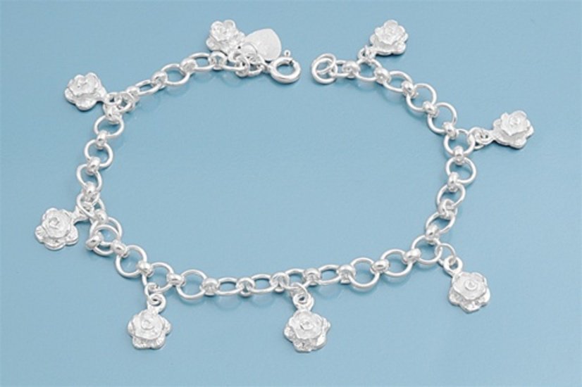 Silver Bracelet W/ Charms - Rose 925 Solid Sterling Silver   7"adjust to 8" Inch