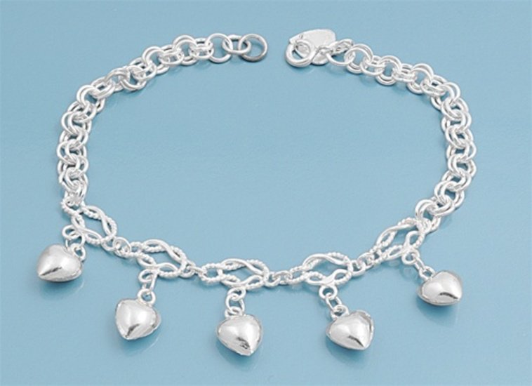 Silver Bracelet W/ Charm - Hearts 925 Solid Sterling Silver   7" adjust to 8" In