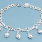 Silver Bracelet W/ Charm - Hearts 925 Solid Sterling Silver   7" adjust to 8" In