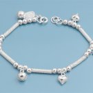 Silver Bracelet W/ Charm - Hearts  & Bells 925 Solid Sterling Silver   7" adjust