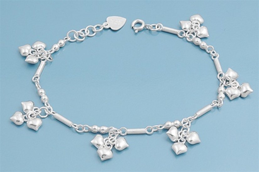 Silver Bracelet W/ Charm - 3 Hearts 925 Solid Sterling Silver   7" adjust to 8"
