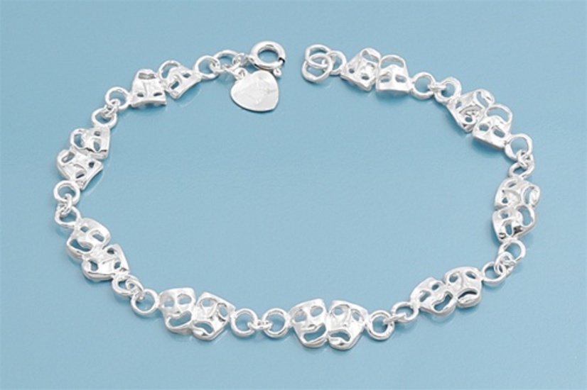 Silver Bracelet W/ Charm - Comedy & Tragedy 925 Solid Sterling Silver   7" adjus