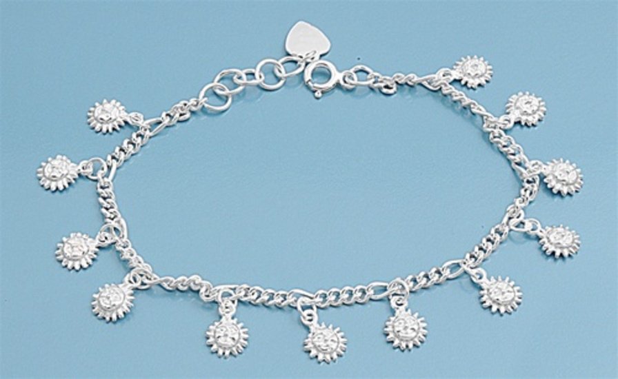 Silver Bracelet W/ Charm - Sun 925 Solid Sterling Silver   7" adjust to 7.5" Inc