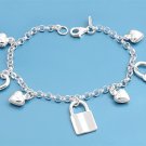 Silver Bracelet W/ Charms - Heart & Padlock 925 Solid Sterling Silver   7.5 in I