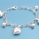 Silver Bracelet W/ Charms - Heart & Bell 925 Solid Sterling Silver   7.5 in Inch